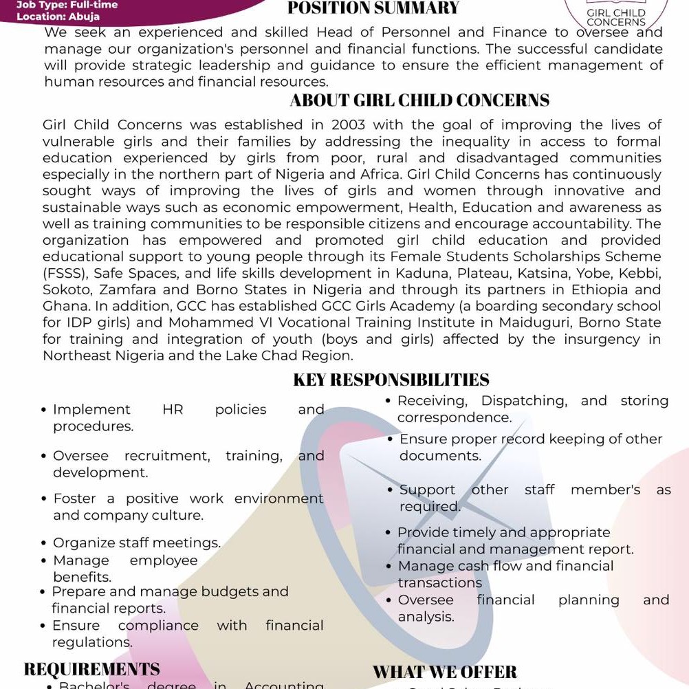 Job advert Head of Personnel and Finance